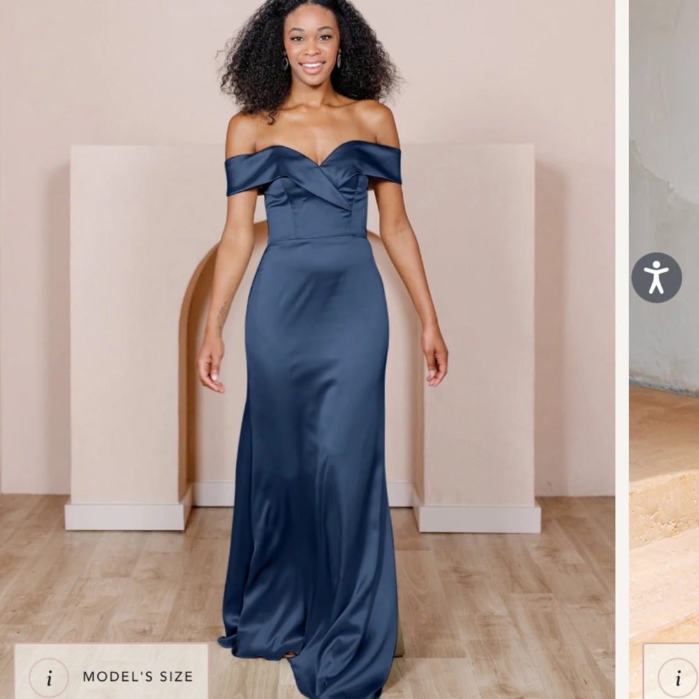 Revelry Satin Bardot Dress in Navy Blue